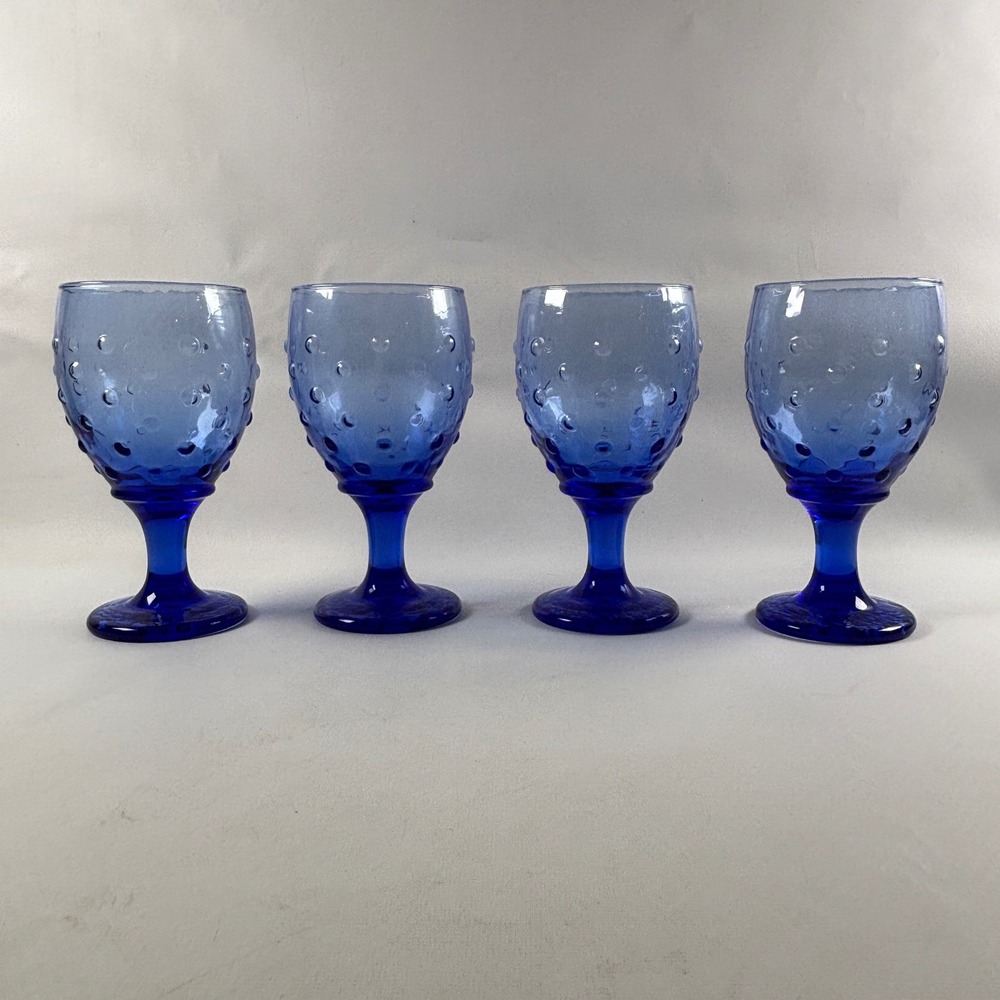 Furio Home Hobnail Blue Glass 4 Goblets Set 15oz Stemware Vintage 1997 USA